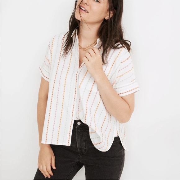 Madewell Tops - Madewell Daily Cotton Shirt in White Jacquard Rainbow Stripe XL